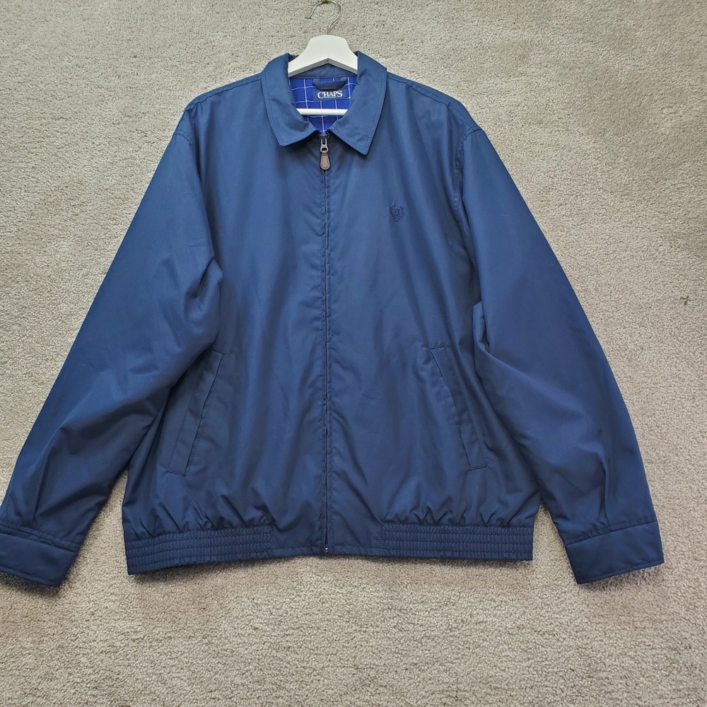 Chaps Harrington Jacket Mens Large Navy Blue Plaid Lined Classic Fit Full Zip